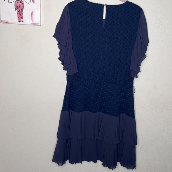 CeCe navy blue flutter sleeve, layered, knife pleated, clipdot dress, size 12 - Picture 7 of 9